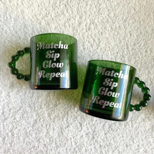 Green Glass Beaded Handle Matcha Mugs - Set of 2